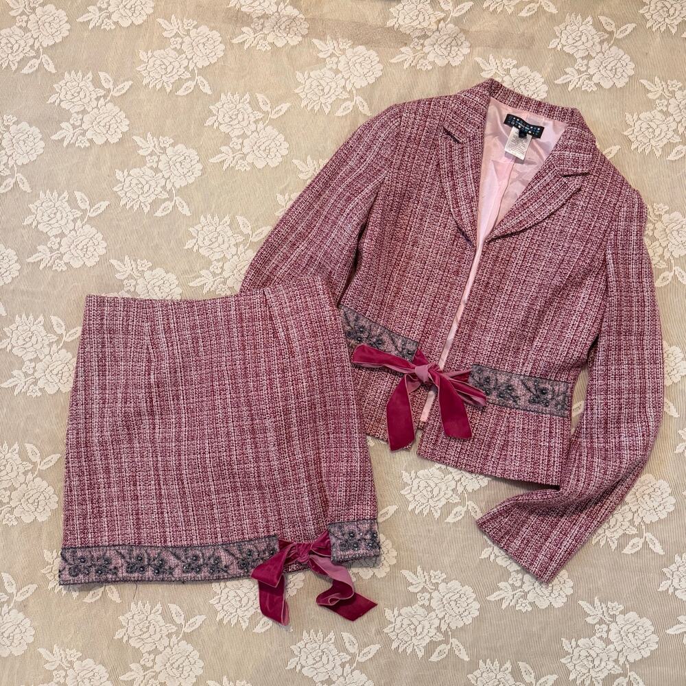 Vintage Y2K Miss Me Pink Tweed Two Piece Skirt Suit Set Size S
